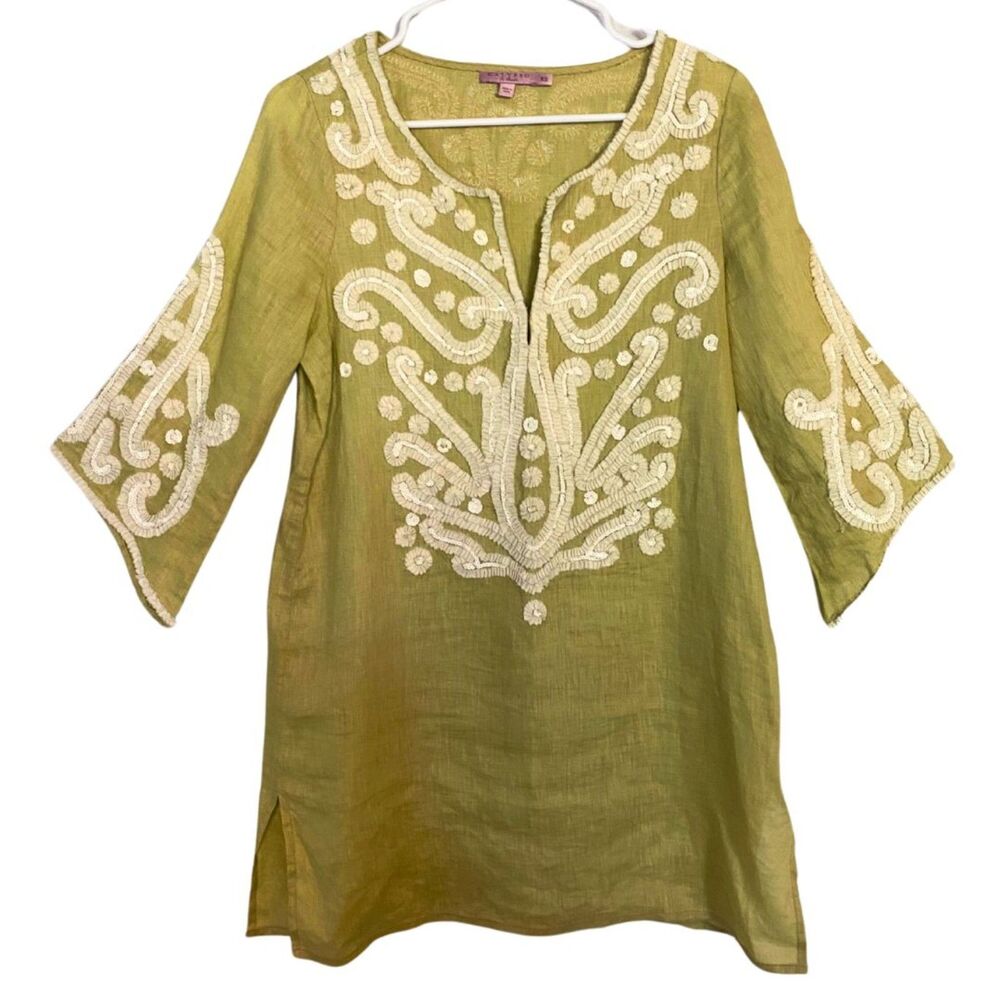 Calypso St. Barth | Chartreuse Linen Tunic Embroidered Sequin Boho